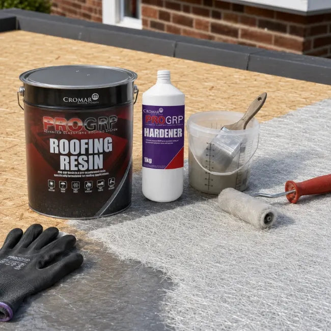 Cromar PRO GRP roofing resin and catalyst used with fibreglass matting on an OSB flat roof deck