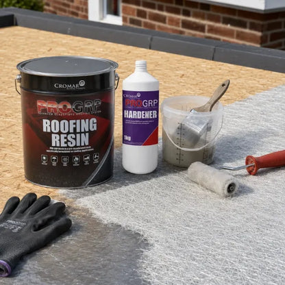 Cromar PRO GRP roofing resin and catalyst used with fibreglass matting on an OSB flat roof deck