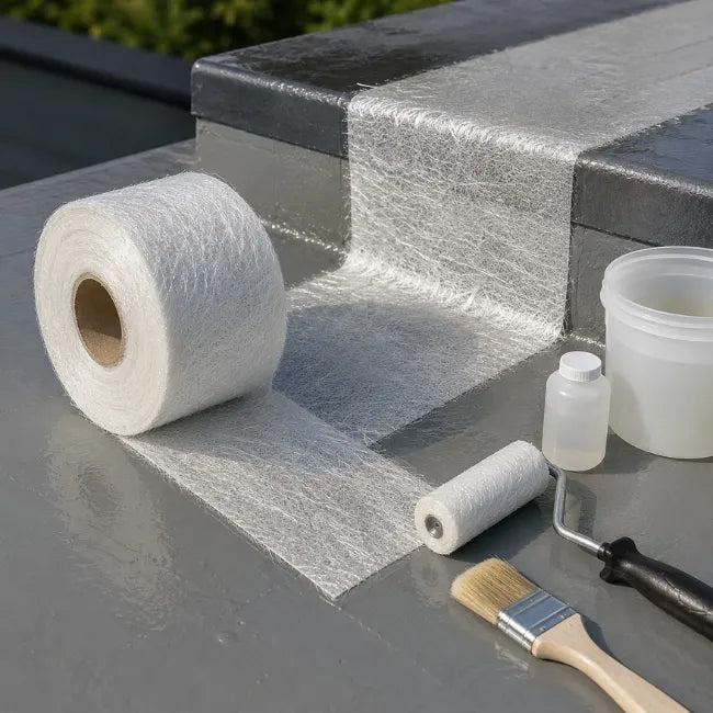 CSM 450gm tape applied to GRP flat roof edge with resin tools for roofing reinforcement