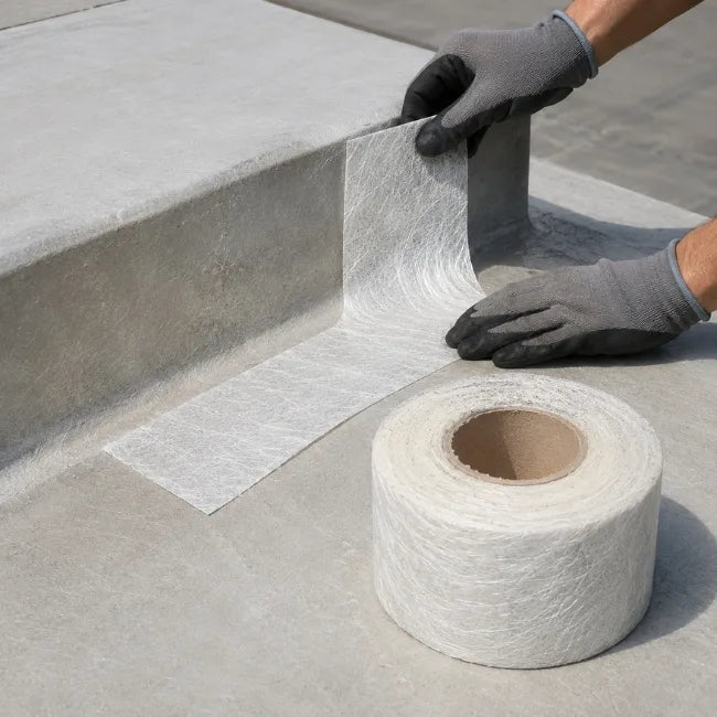Worker applying CSM 450gm fibreglass tape to flat roof upstand for edge and corner reinforcement