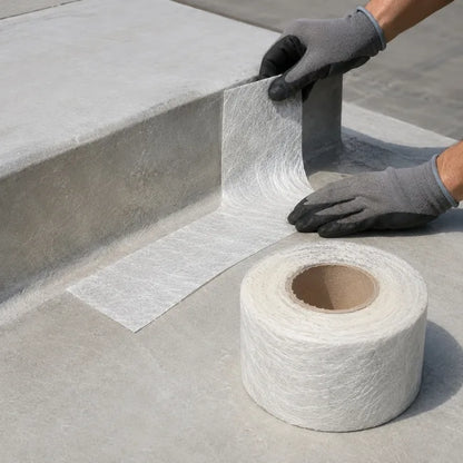 Worker applying CSM 450gm fibreglass tape to flat roof upstand for edge and corner reinforcement