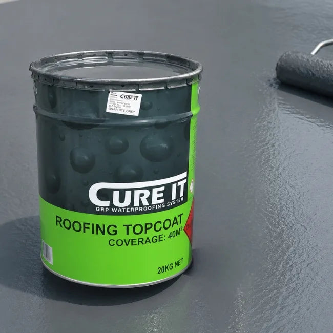CURE IT Roofing Topcoat and catalyst on a GRP flat roof during professional waterproofing application