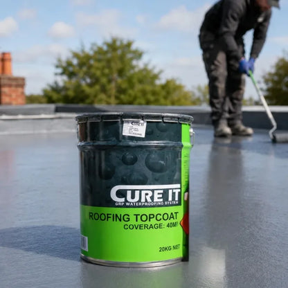 CURE IT Roofing Topcoat and catalyst on a GRP flat roof during professional waterproofing application