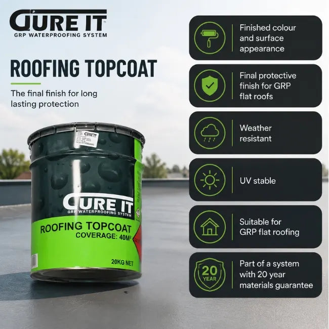 CURE IT Roofing Topcoat for GRP flat roofs with weather resistant UV stable protective finish