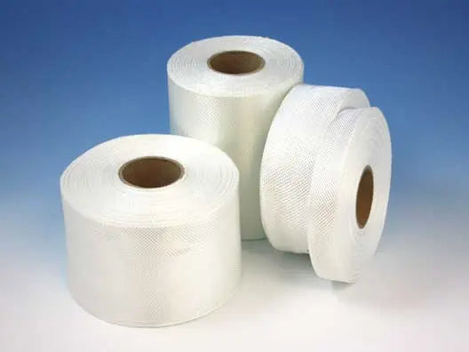 Fibreglass TapeThis is simple woven cloth in tape form supplied in roll widths of 25mm to 150mm weighing 175g m².  Open weave is the most common and easiest to saturate with resin but close weave holds its shape better.  Used as a convenient to handle repair bandage.  Each Roll contains 50m of Tape.