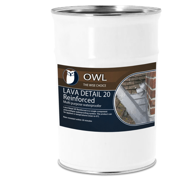 Owl Lava Detail 20 Reinforced – Single-Component Polyurethane Multi-Purpose Waterproofer showcased in a tin ready for use, highlighting its quick and efficient waterproofing capabilities.