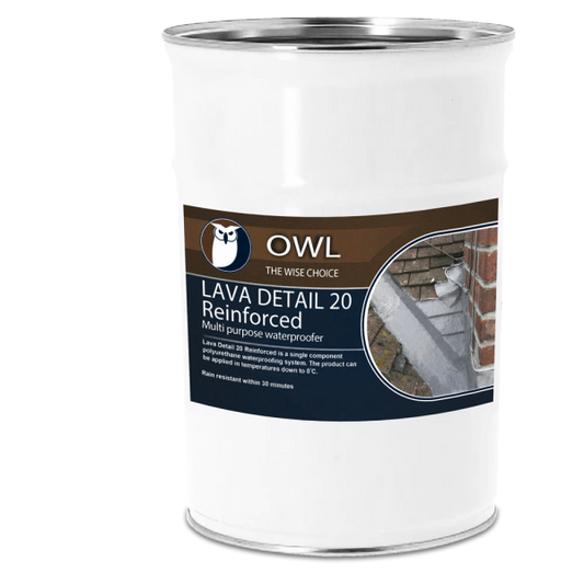 Owl Lava Detail 20 Reinforced – Single-Component Polyurethane Multi-Purpose Waterproofer showcased in a tin ready for use, highlighting its quick and efficient waterproofing capabilities.