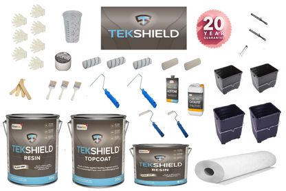 Overview of Tekshield Roofing Kit components, emphasizing high-quality virgin-grade polyester resin materials.