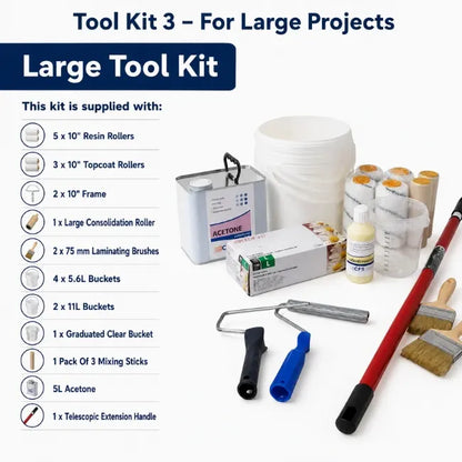 Tool Kit 3 For Large Projects large GRP roofing kit including rollers brushes buckets acetone mixing sticks and extension handle