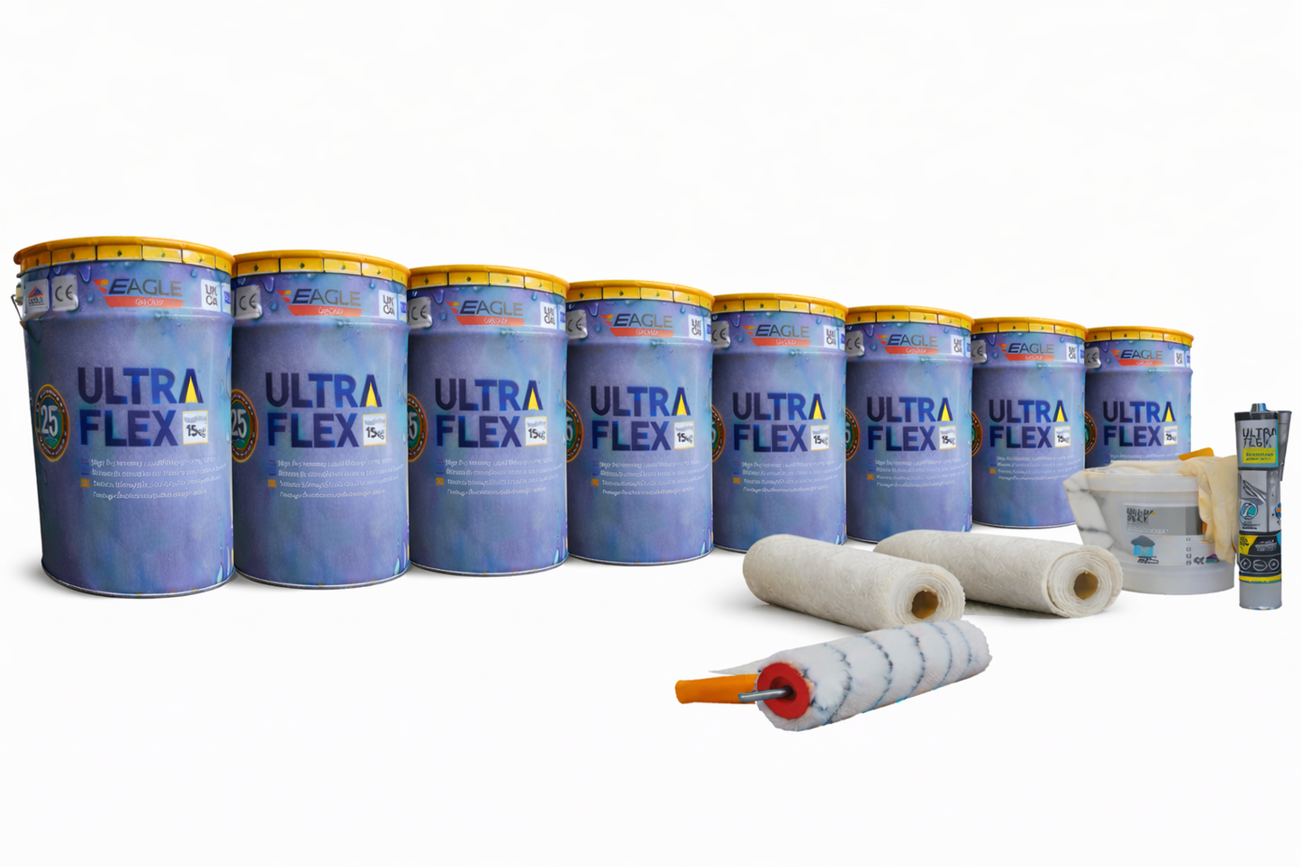 Ultra-Flex Grp kits packaging showcasing fast, clean installation for waterproofing residential roofs and outdoor areas.