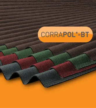 Corrugated Bitumen roofing sheets have been used for many years for roofing applications on outbuilding, sheds, log stores and similar applications. CORRAPOL®-BT is available in four colours; black, green, brown and red. The CORRAPOL®-BT sheets simply overlap on width and length to reduce the need for cutting end sheets.