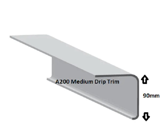 This A200 drip trim allows drainage into the gutter.  This product matches with the B260 raised edge trim and is compatible with corner trims C1 External and C4 Internal This product comes at a length of three meters.
