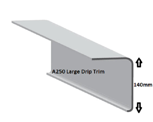This A250 trim allows drainage into the gutter.  This drip trim matches with the B300 raised edge trim and is compatible with corner trims C1 external and C4 internal.