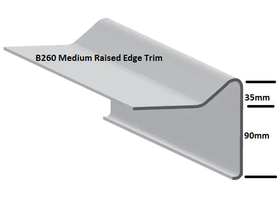 B260 With a (90mm Depth) 3 Metres Long  This trim should be used where water run off is not required.This B260 Raised trim matches the A200 Drip trim with a 90mm Depth and is compatible with corner trims C1 External and C4 Internal