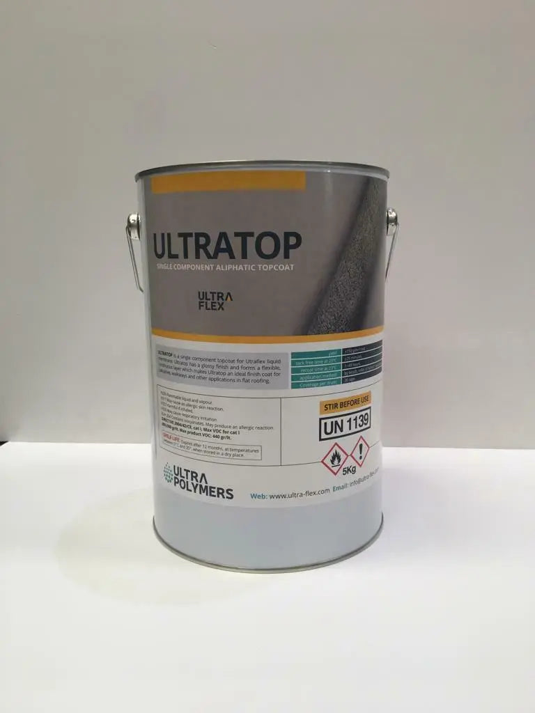 Ultratop Ultratop £48.00 – £90.96 inc VAT  Ultratop is used to provide extra durability and a dark grey gloss finish.  Roofs finished with Ultratop are provided with a 15 – year guarantee.  20 years when applied by a trained contractor.  Coverage: One 2.5l can will cover 12.5m2 to 15m2, one 5l can will cover 25m2 to 30m2.